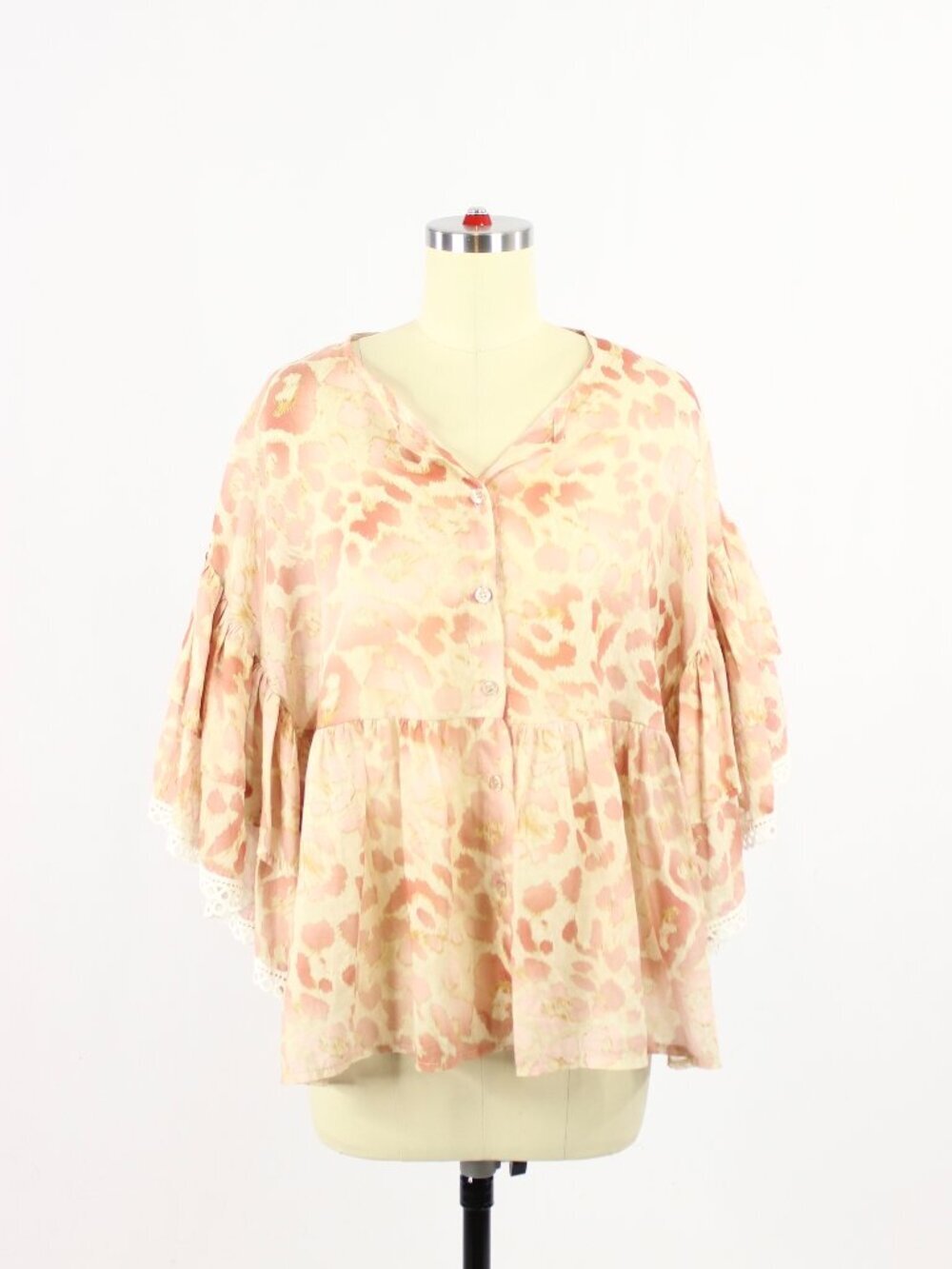 BETTY & CO Beige Pink Leopard Print Cotton Voile Ruffle Sleeve Blouse, One Size
